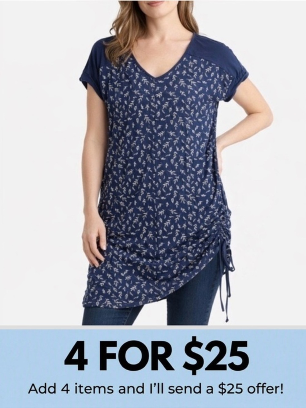 Schwiing Navy Floral Short Sleeve Ruched Tunic Leaf Dress Size Large